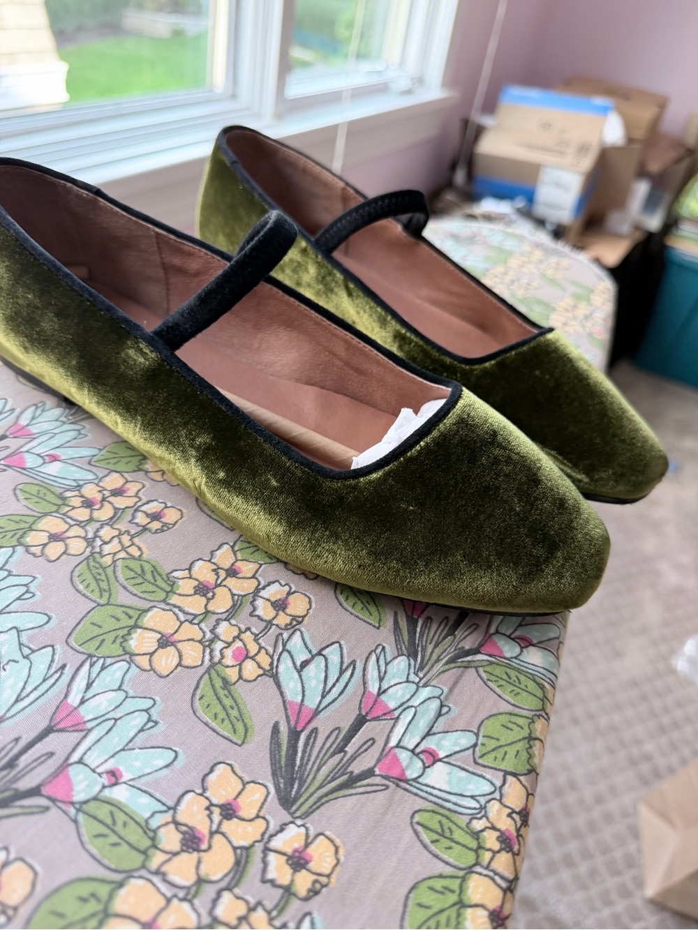 Madewell Olive Green Velvet Mary Jane Flats with Black Trim